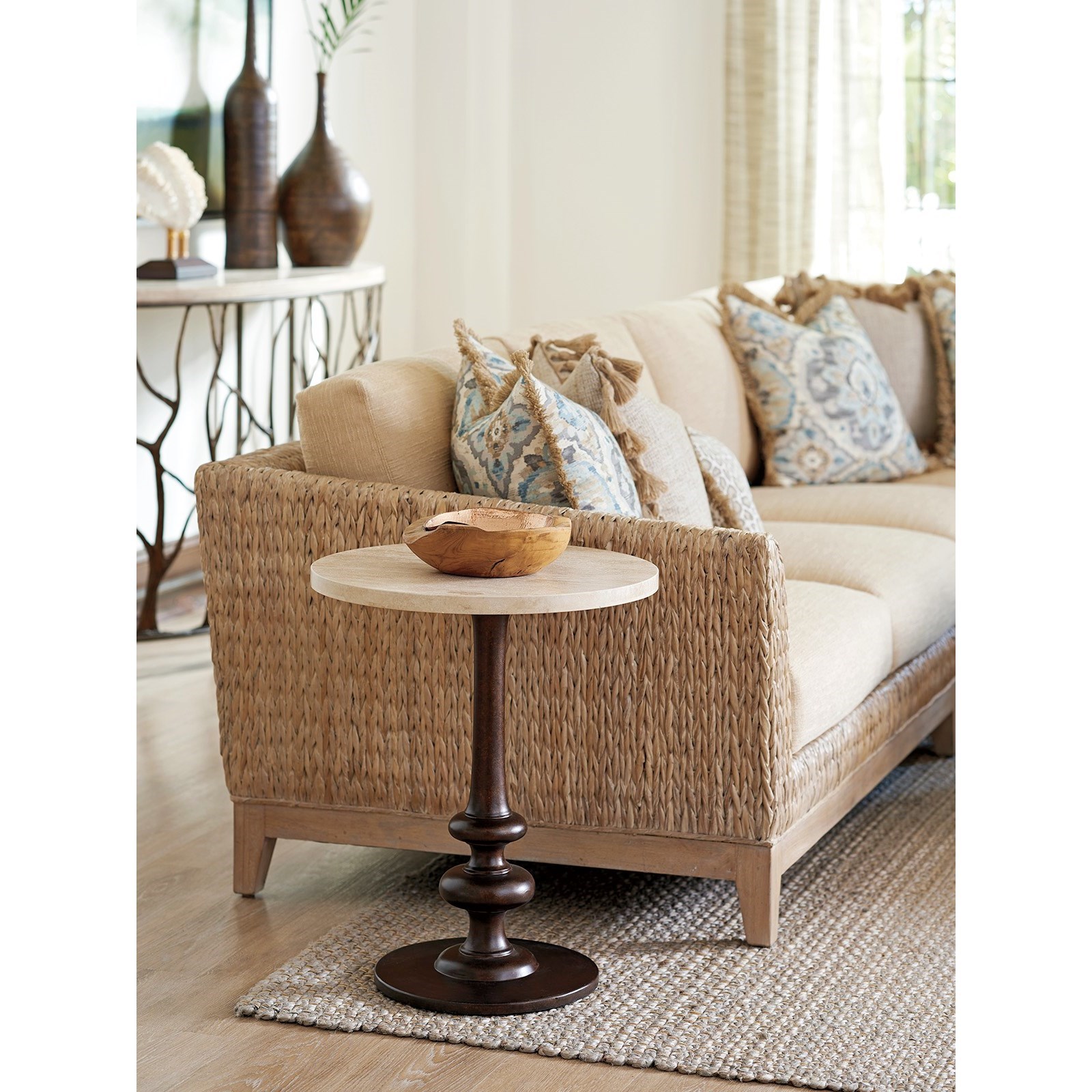 Tommy Bahama Home Los Altos 566 953 Marshall Stone Top Round End Table Z R Furniture End Tables